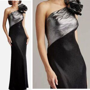 NWT Tadashi Shoji Korra Taffeta Crepe One shoulder Gown Dress Steel Black Size S